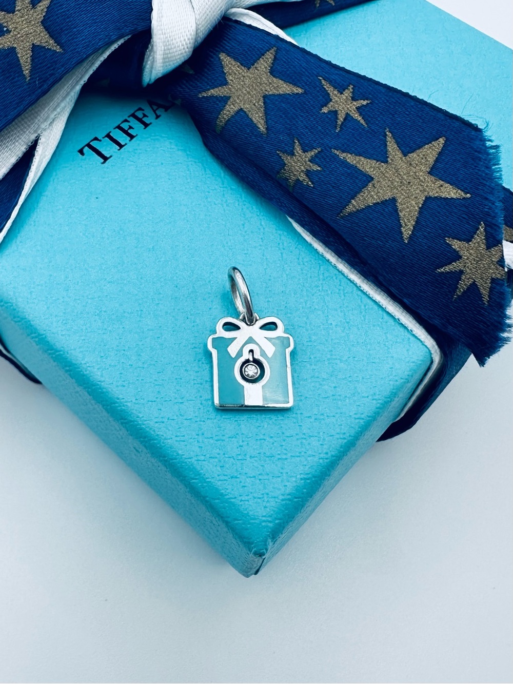 RARE Tiffany & Co Diamond Enamel Present Gift Box Charm Pendant Silver w Pouch